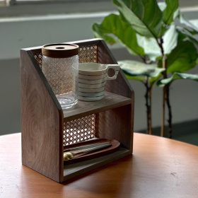 雙層實木籐編置物收納架